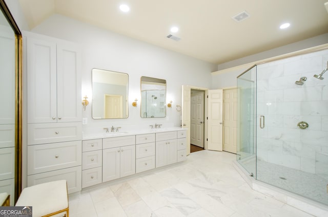 4645 Wykeshire Ct, Cumming, GA 30041 - bathroom featuring a stall shower, double vanity, recessed lighting, and marble look tiles