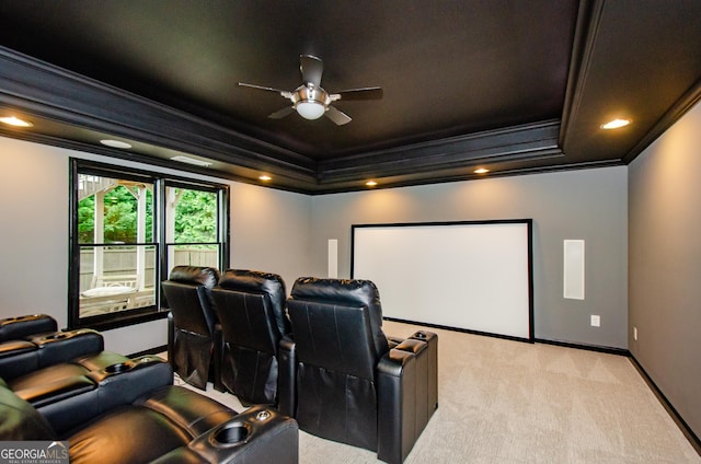 4645 Wykeshire Ct, Cumming, GA 30041 - cinema room featuring ornamental molding, a raised ceiling, light colored carpet, a ceiling fan, and recessed lighting
