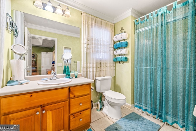 127 Poplar Mill Rd, Demorest, GA 30535 - bathroom with vanity, tile patterned floors, crown molding, and a shower with shower curtain