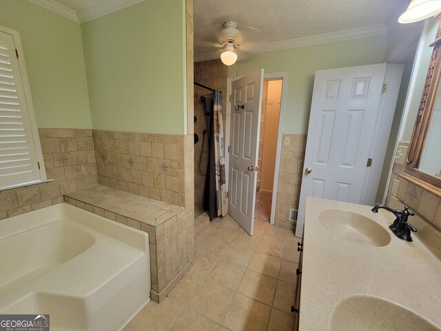 424 Ivey Edwards Ln, Mcdonough, GA 30253 - bathroom with a garden tub, tile walls, tiled shower, double vanity, and ornamental molding