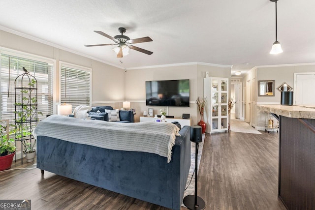 41 Bob White Ln, Newnan, GA 30263 - living area with dark wood-style floors, a ceiling fan, and crown molding