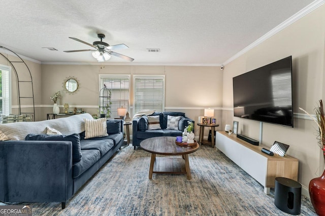 41 Bob White Ln, Newnan, GA 30263 - living area with a textured ceiling, ceiling fan, and crown molding