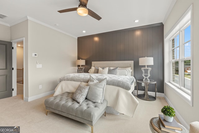 947 Willingham Dr Unit 2, Hapeville, GA 30354 - bedroom featuring light carpet, ornamental molding, recessed lighting, and a ceiling fan