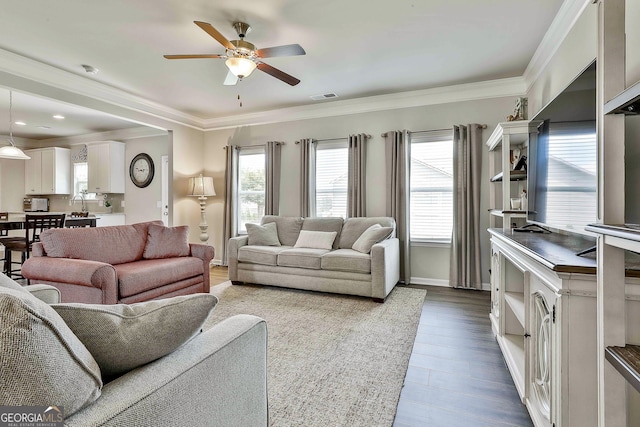 17 October Ave, Newnan, GA 30265 - living area with a ceiling fan, wood finished floors, and ornamental molding