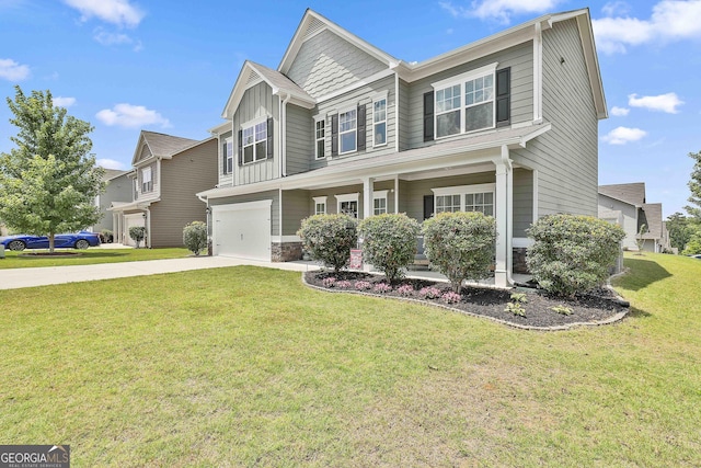 17 October Ave, Newnan, GA 30265 - craftsman house featuring concrete driveway, an attached garage, a front lawn, board and batten siding, and stone siding