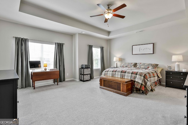 17 October Ave, Newnan, GA 30265 - bedroom with a tray ceiling, multiple windows, light carpet, and an office area