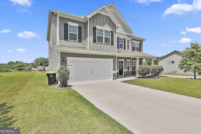 17 October Ave, Newnan, GA 30265 - craftsman-style home featuring board and batten siding, an attached garage, a front lawn, and concrete driveway