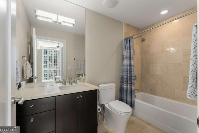 3325 Piedmont Rd NE Unit 2006, Atlanta, GA 30305 - bathroom featuring vanity, shower / tub combo, a ceiling fan, tile patterned floors, and recessed lighting