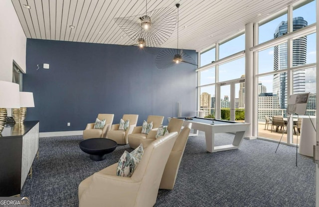 3325 Piedmont Rd NE Unit 2006, Atlanta, GA 30305 - playroom featuring carpet, billiards, a city view, a towering ceiling, and wooden ceiling