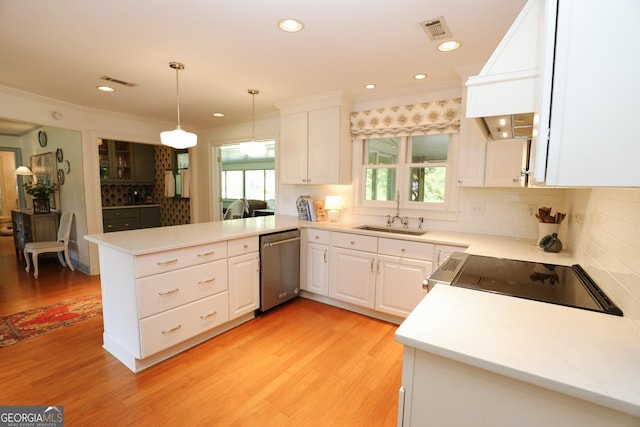 8 Crepe Myrtle, Newnan, GA 30263 - kitchen featuring dishwasher, a peninsula, ornamental molding, tasteful backsplash, and white cabinetry