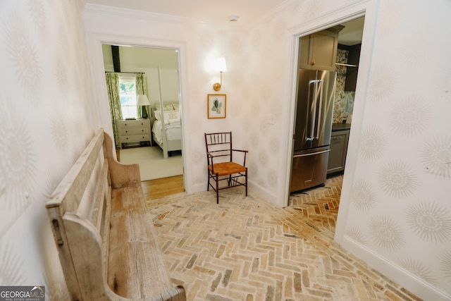8 Crepe Myrtle, Newnan, GA 30263 - hallway featuring brick floors and ornamental molding
