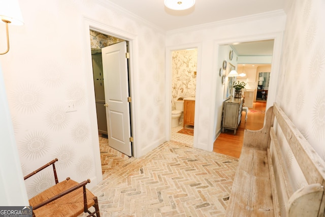 8 Crepe Myrtle, Newnan, GA 30263 - hall with brick floors, crown molding, and wallpapered walls