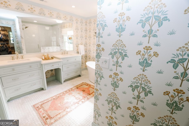 8 Crepe Myrtle, Newnan, GA 30263 - full bathroom with double vanity, wallpapered walls, a stall shower, a freestanding tub, and crown molding