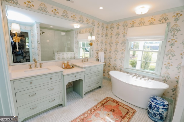 8 Crepe Myrtle, Newnan, GA 30263 - full bathroom featuring a stall shower, double vanity, a freestanding bath, ornamental molding, and wallpapered walls