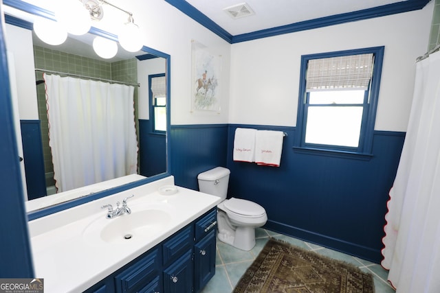 8 Crepe Myrtle, Newnan, GA 30263 - bathroom with wainscoting, vanity, tile patterned flooring, a shower with shower curtain, and ornamental molding