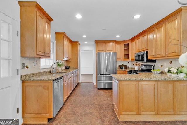1590 Sunnybrook Farm Rd, Atlanta, GA 30350 - kitchen with stainless steel appliances, light stone countertops, a peninsula, tasteful backsplash, and glass insert cabinets