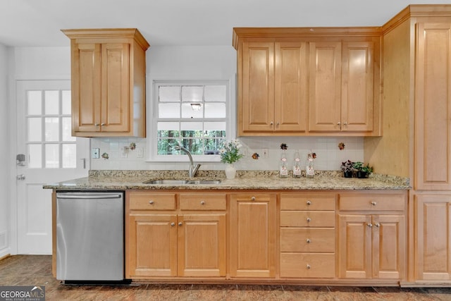1590 Sunnybrook Farm Rd, Atlanta, GA 30350 - kitchen featuring stainless steel dishwasher, light brown cabinets, light stone countertops, and decorative backsplash