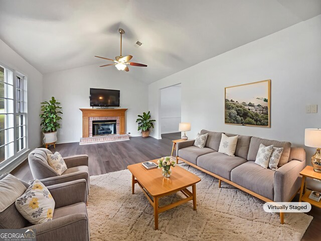 5021 Rodrick Trce, Marietta, GA 30066 - living area with wood finished floors, a ceiling fan, vaulted ceiling, and a fireplace