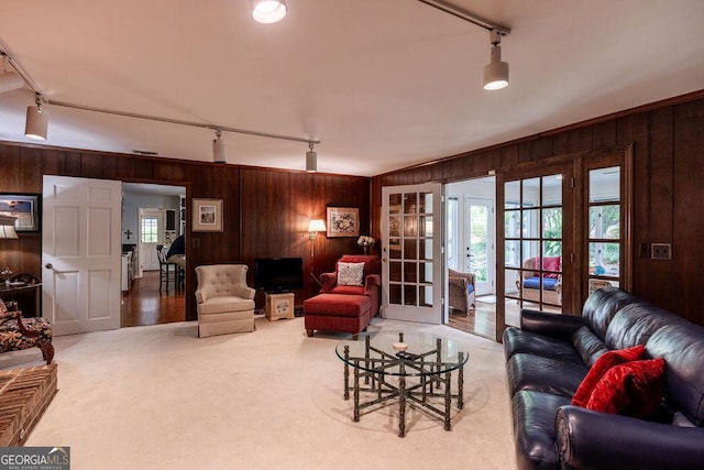 205 Castlegate Rd, Macon, GA 31210 - carpeted living room featuring track lighting, wooden walls, and french doors