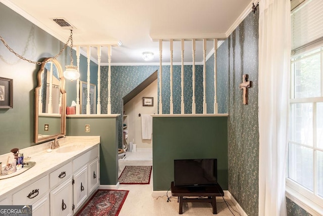 205 Castlegate Rd, Macon, GA 31210 - bathroom with wallpapered walls, ornamental molding, and vanity