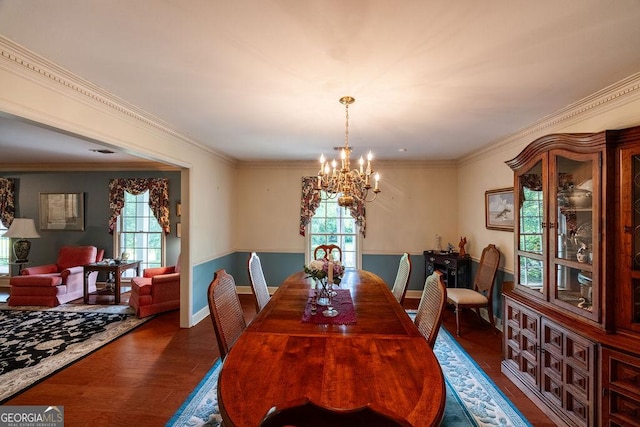 205 Castlegate Rd, Macon, GA 31210 - dining area featuring a chandelier, plenty of natural light, wood finished floors, and crown molding