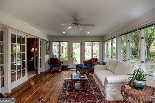 205 Castlegate Rd, Macon, GA 31210 - sunroom / solarium with french doors, an outdoor hangout area, wood finished floors, a ceiling fan, and crown molding