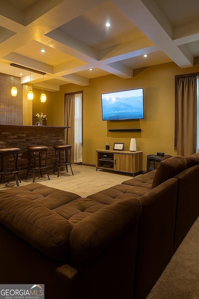 45 Oak Wood Ln, Covington, GA 30016 - carpeted home theater room featuring coffered ceiling, bar area, beamed ceiling, and recessed lighting