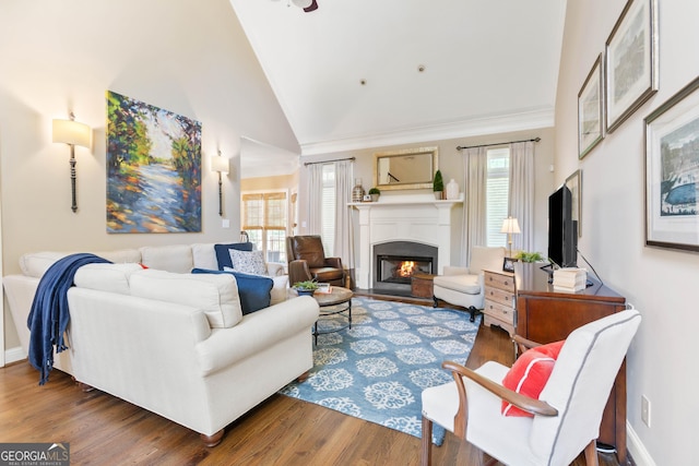 1030 Spring Lake Dr, Bishop, GA 30621 - living area featuring a warm lit fireplace, wood finished floors, high vaulted ceiling, and ornamental molding