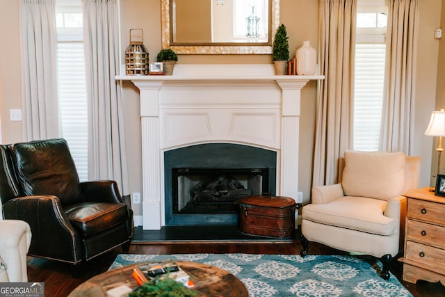 1030 Spring Lake Dr, Bishop, GA 30621 - living area with dark wood-style flooring, plenty of natural light, and a fireplace with raised hearth