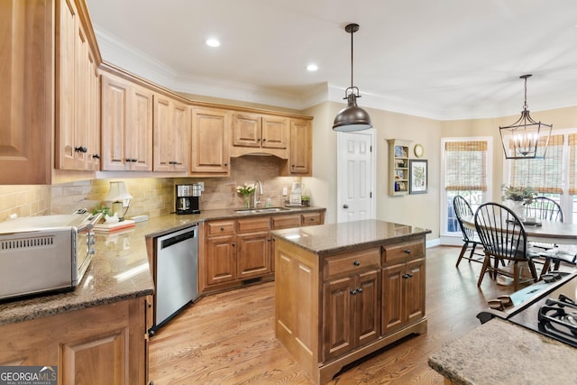 1030 Spring Lake Dr, Bishop, GA 30621 - kitchen with stainless steel dishwasher, dark stone countertops, decorative backsplash, recessed lighting, and ornamental molding