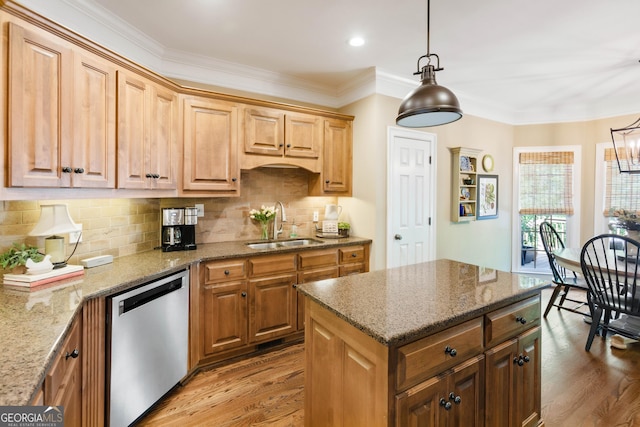 1030 Spring Lake Dr, Bishop, GA 30621 - kitchen with stainless steel dishwasher, light wood finished floors, light stone counters, tasteful backsplash, and crown molding