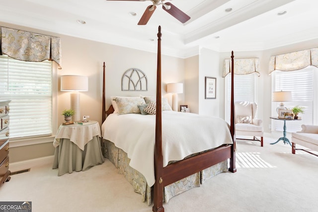 1030 Spring Lake Dr, Bishop, GA 30621 - bedroom featuring carpet flooring, multiple windows, ornamental molding, a ceiling fan, and recessed lighting