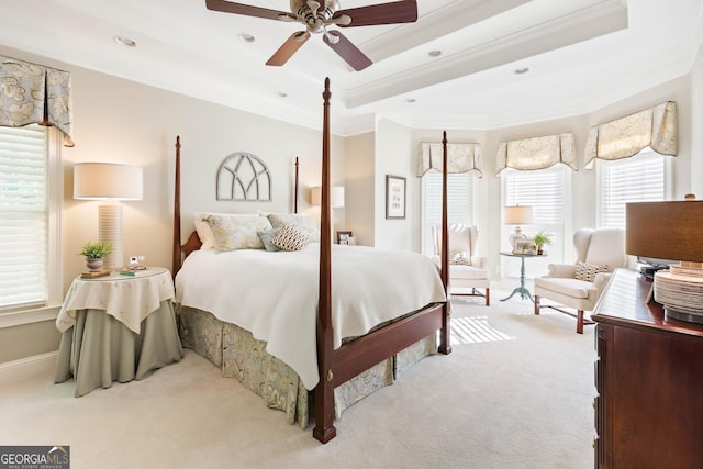1030 Spring Lake Dr, Bishop, GA 30621 - bedroom with ornamental molding, carpet floors, a tray ceiling, a ceiling fan, and recessed lighting