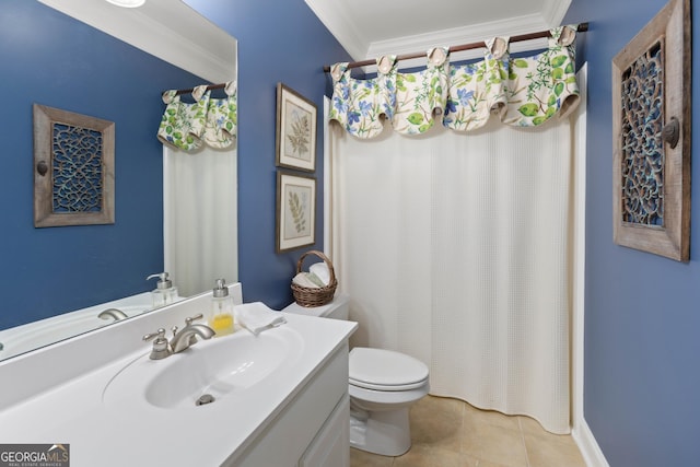 1030 Spring Lake Dr, Bishop, GA 30621 - full bathroom with crown molding, vanity, tile patterned floors, and curtained shower