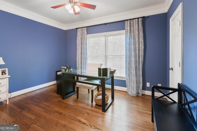 1030 Spring Lake Dr, Bishop, GA 30621 - home office featuring a ceiling fan, crown molding, and wood finished floors