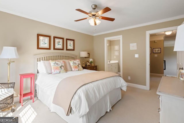 1030 Spring Lake Dr, Bishop, GA 30621 - bedroom featuring light colored carpet, ornamental molding, connected bathroom, and a ceiling fan