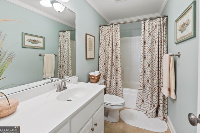 1030 Spring Lake Dr, Bishop, GA 30621 - bathroom with vanity, shower / bath combination with curtain, crown molding, and tile patterned floors