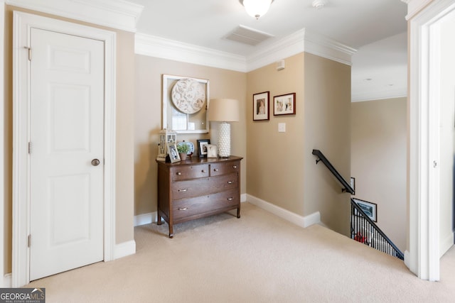 1030 Spring Lake Dr, Bishop, GA 30621 - hallway featuring an upstairs landing, carpet flooring, and crown molding