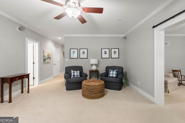 1030 Spring Lake Dr, Bishop, GA 30621 - sitting room with ornamental molding, carpet floors, a barn door, ceiling fan, and recessed lighting