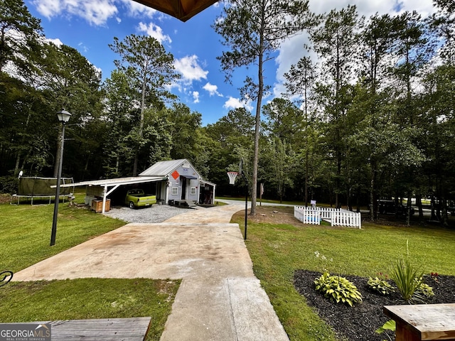245 Clearwater Rd, Sharpsburg, GA 30277 - view of green lawn featuring a trampoline and concrete driveway