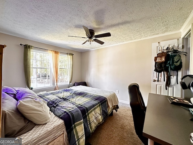 245 Clearwater Rd, Sharpsburg, GA 30277 - bedroom with a textured ceiling, dark carpet, crown molding, and a ceiling fan
