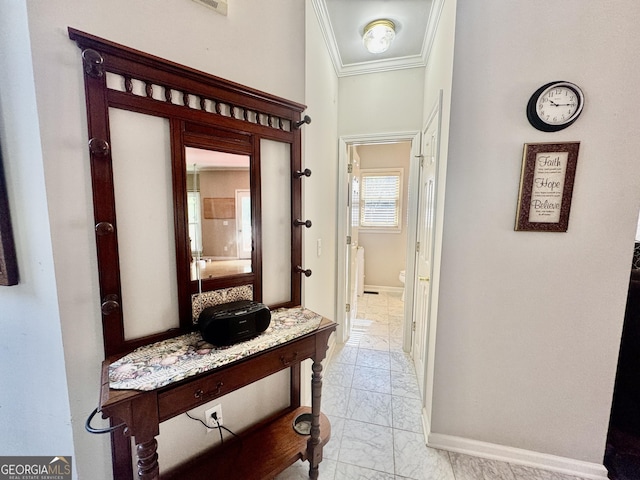703 Overlook Pt, Woodstock, GA 30189 - hall featuring light marble finish flooring and ornamental molding