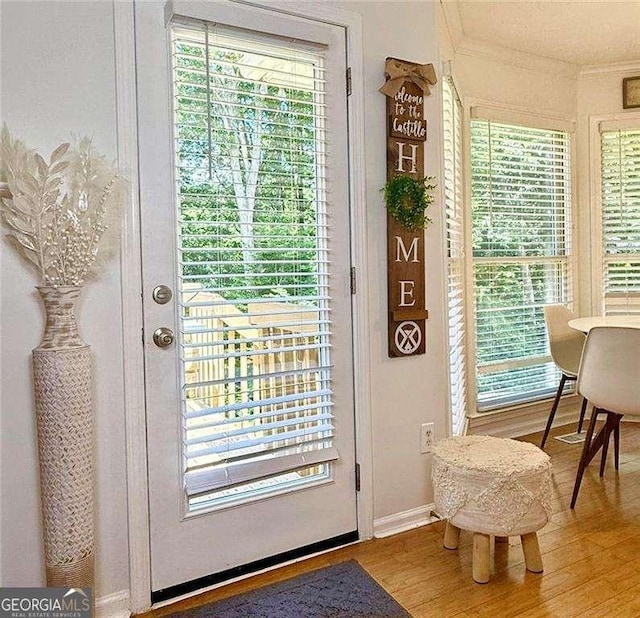 507 Legacy Park Ln, Powder Springs, GA 30127 - doorway with wood finished floors and crown molding