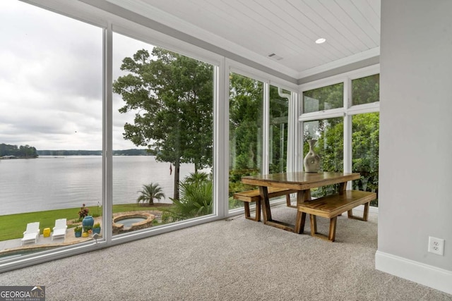 202 Jackson Rd SE, Milledgeville, GA 31061 - sunroom featuring a water view, healthy amount of natural light, carpet floors, and ornamental molding