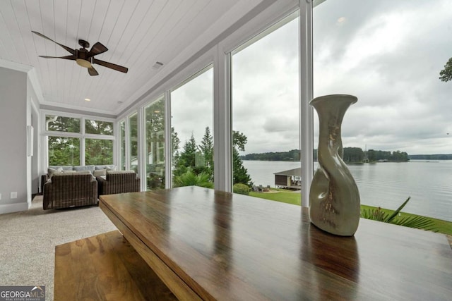 202 Jackson Rd SE, Milledgeville, GA 31061 - sunroom / solarium featuring a water view, ornamental molding, and wood ceiling