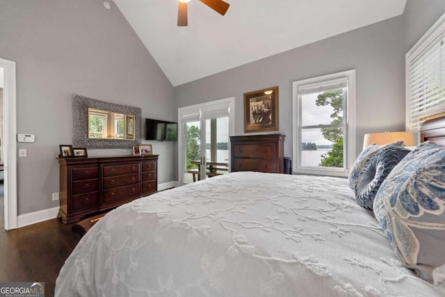 202 Jackson Rd SE, Milledgeville, GA 31061 - bedroom featuring high vaulted ceiling, wood finished floors, and ceiling fan
