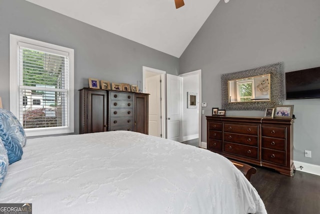 202 Jackson Rd SE, Milledgeville, GA 31061 - bedroom with wood finished floors, high vaulted ceiling, and ceiling fan