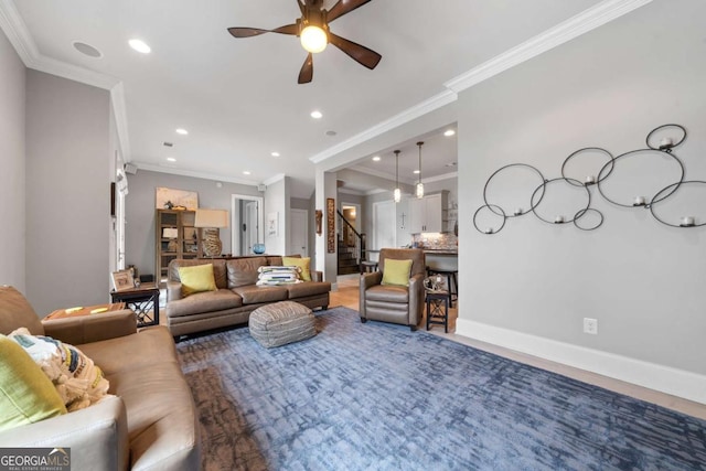 202 Jackson Rd SE, Milledgeville, GA 31061 - living area with ceiling fan, stairway, recessed lighting, and ornamental molding