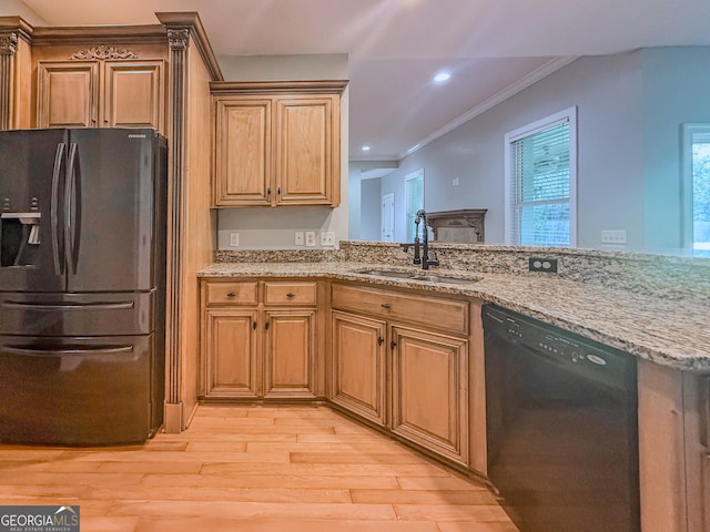 152 Huron Loop, Brunswick, GA 31523 - kitchen with fridge with ice dispenser, black dishwasher, light wood finished floors, ornamental molding, and light stone countertops