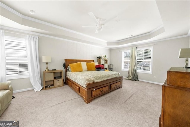 349 Garnet Dr, Acworth, GA 30101 - bedroom featuring a raised ceiling, ornamental molding, light colored carpet, and a ceiling fan